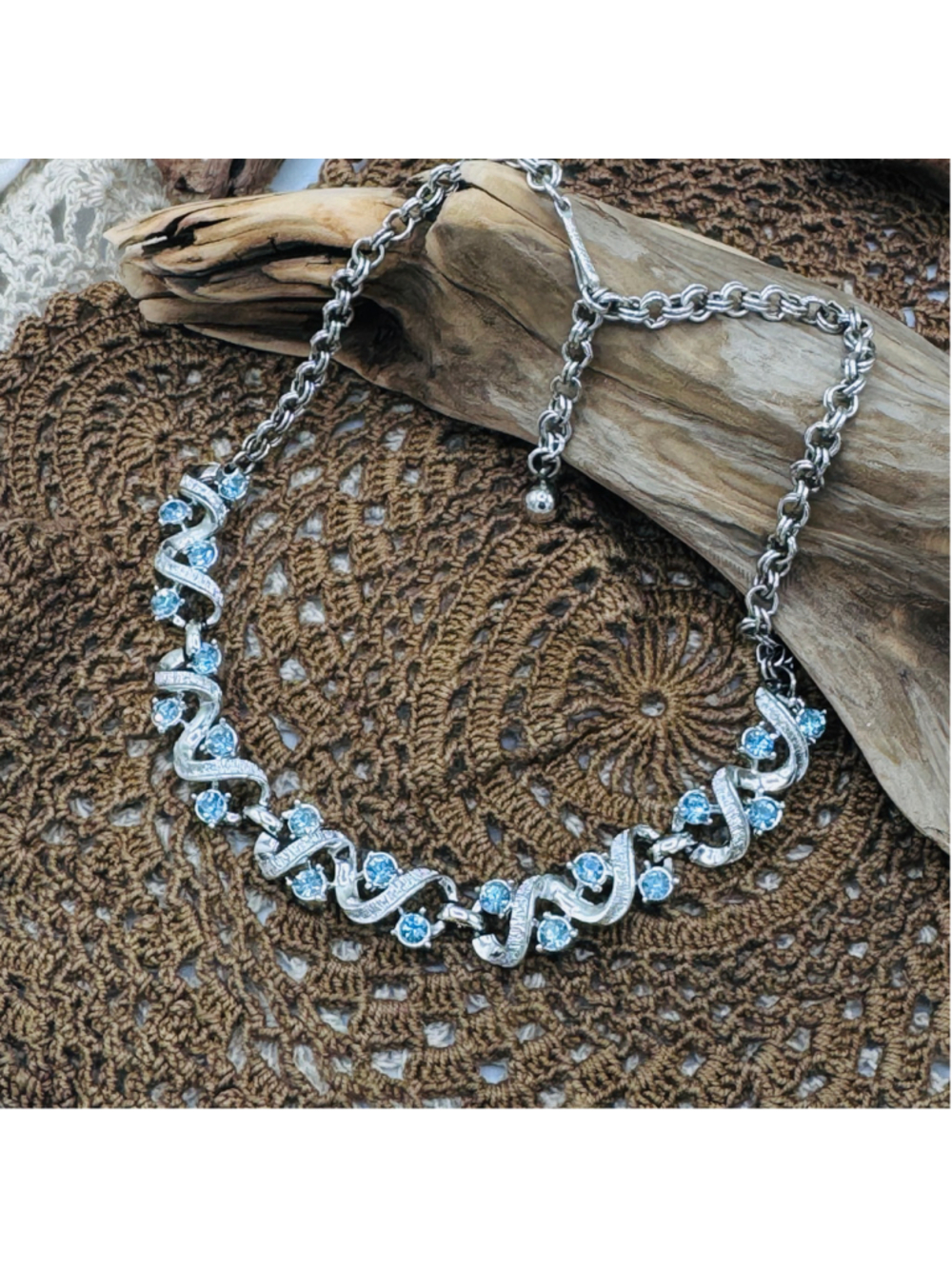 Coro Vintage Silver Tone Blue Rhinestone Swirl Statement Necklace - Picture 3 of 5